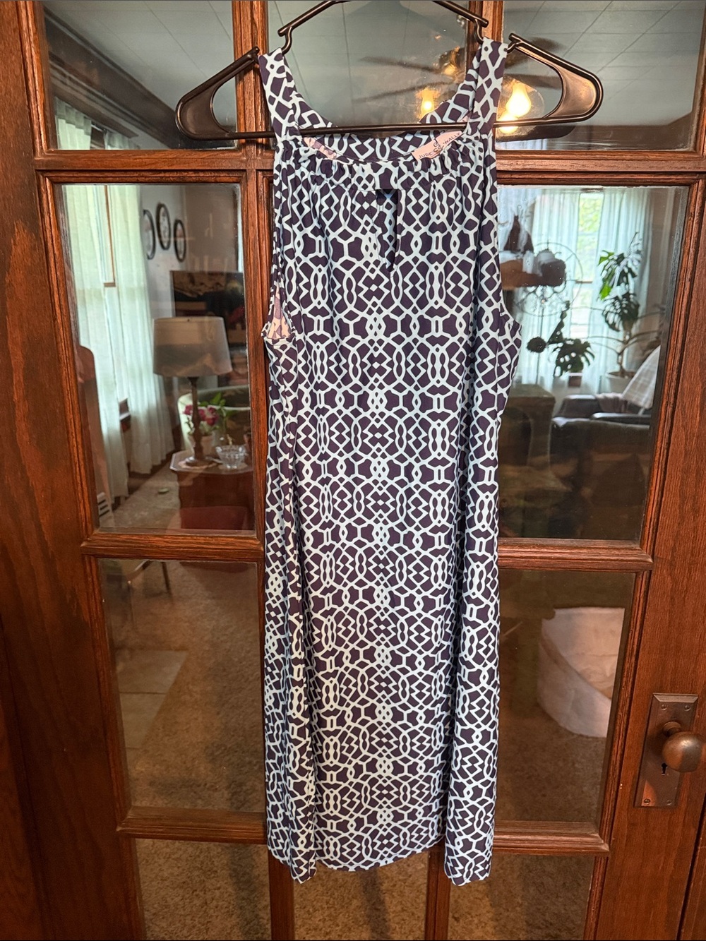 Jude Connally Womens Blue Geometric Trellis Keyhole High Neck Shift Dress Large